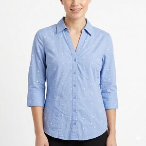 7th Ave Design Studio Top Womens Small Blue Button Up Linen-Like Embroidered Dot